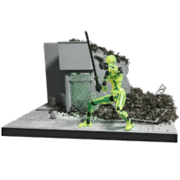 miniature destroyed storefront featuring windows made with shatter and burned debris made with scorch.