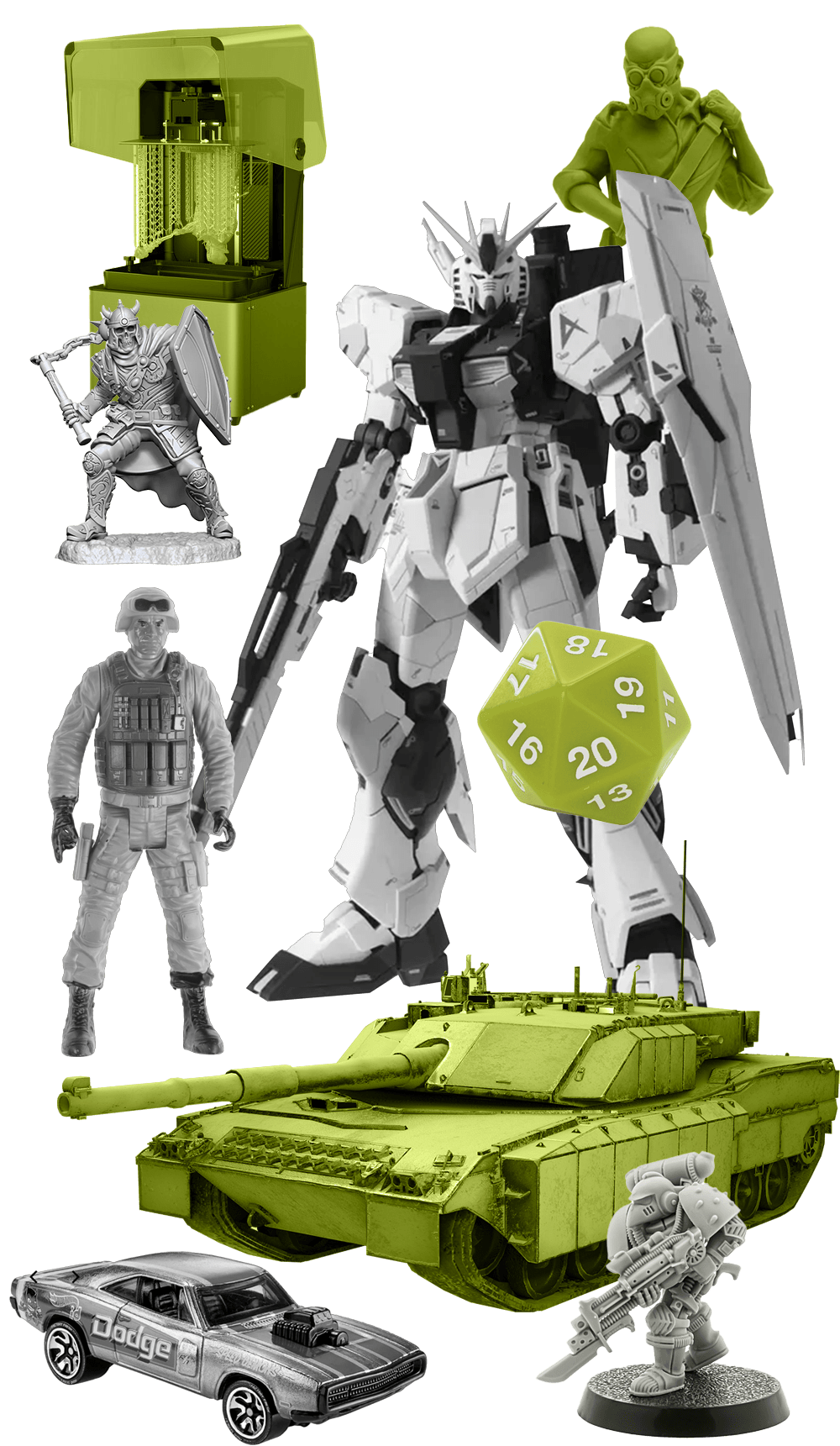 collage-min collage of miniature hobby subjects (military models, tabletop gaming figures, and gunpla)