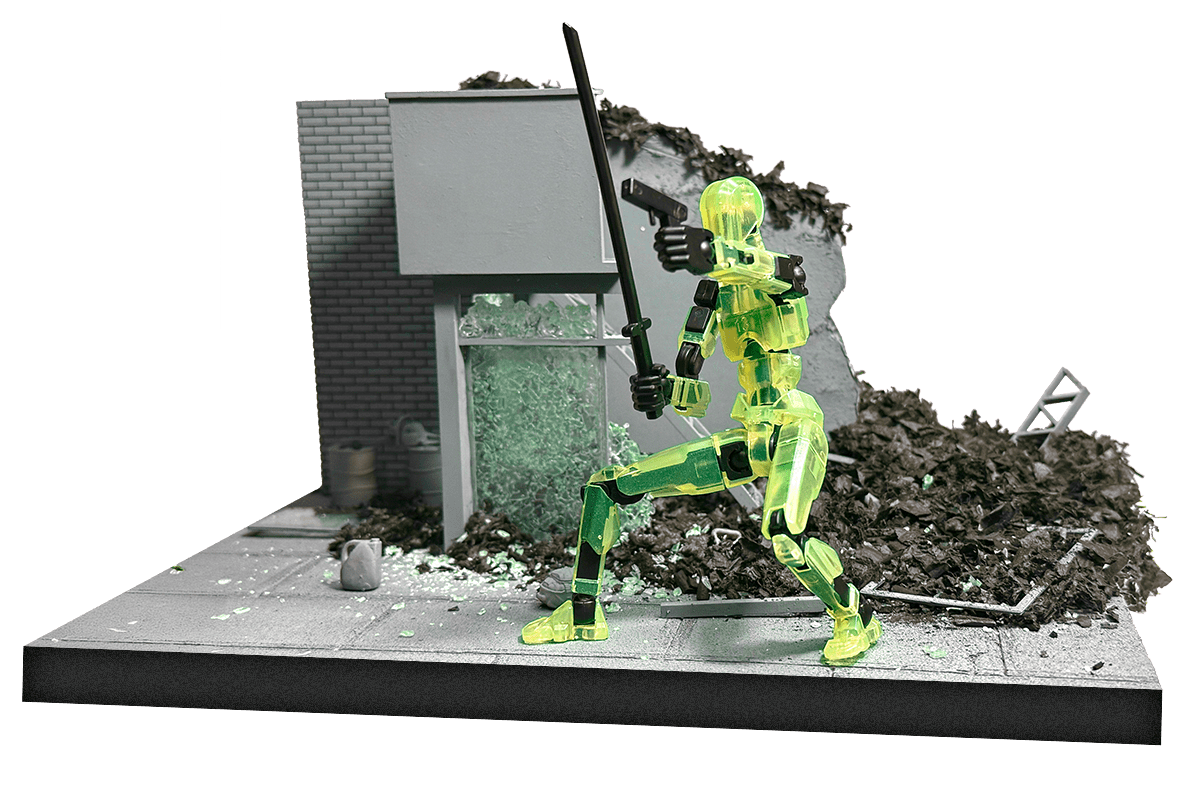 hero-min shatter and scorch materials shown in a diorama with translucent green figure and broken storefront