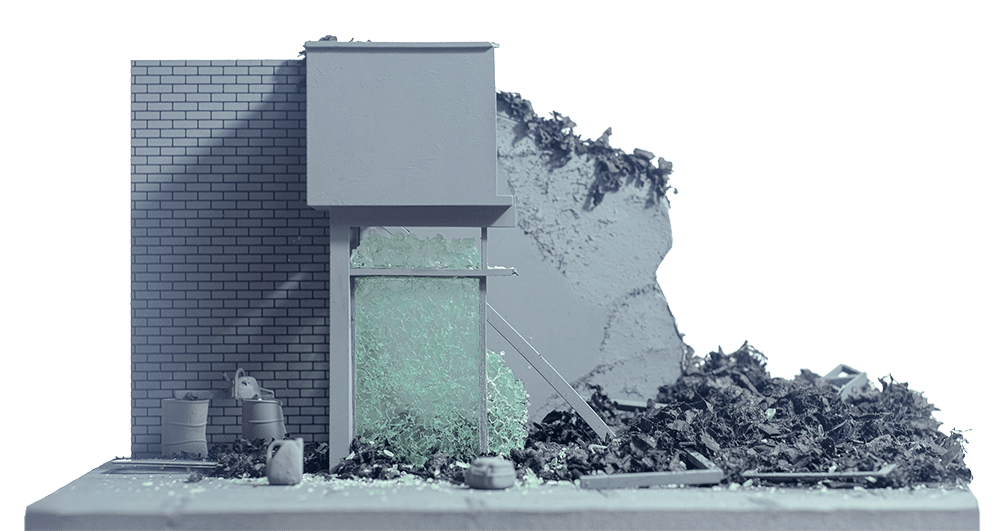 split_building-min a miniature destroyed storefront with spiderwebbed and fragmented windows created with shatter and burned debris created with scorch