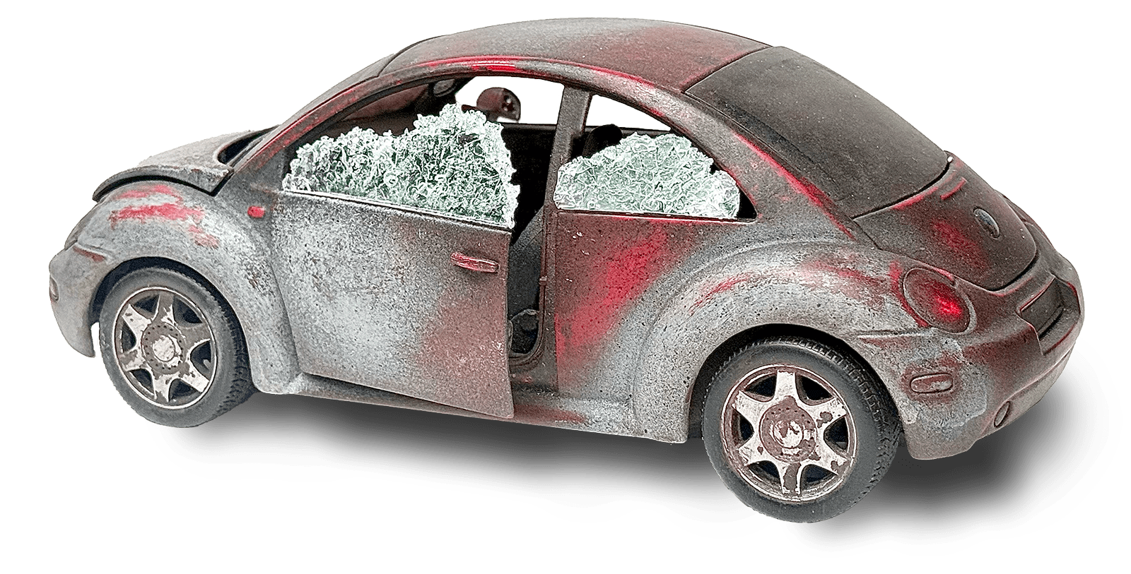 car-min weathered miniature scale model car with shattered safety glass windows created using shatter