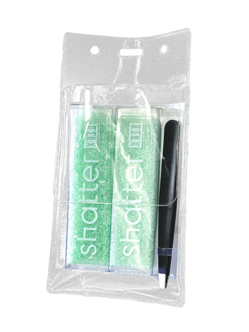 shatter packaging showing pocket protector holding shatter vials, included tweezers & transparent sheets