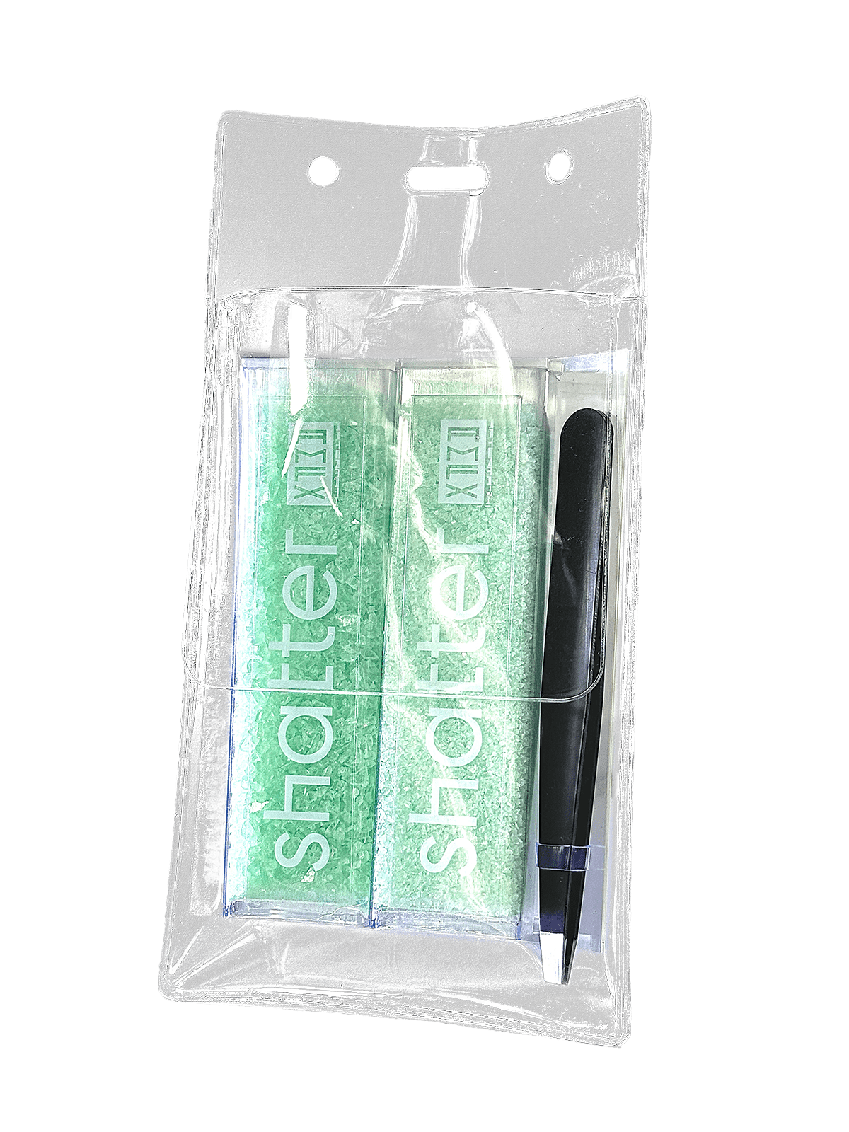shatter packaging showing pocket protector holding shatter vials, included tweezers & transparent sheets