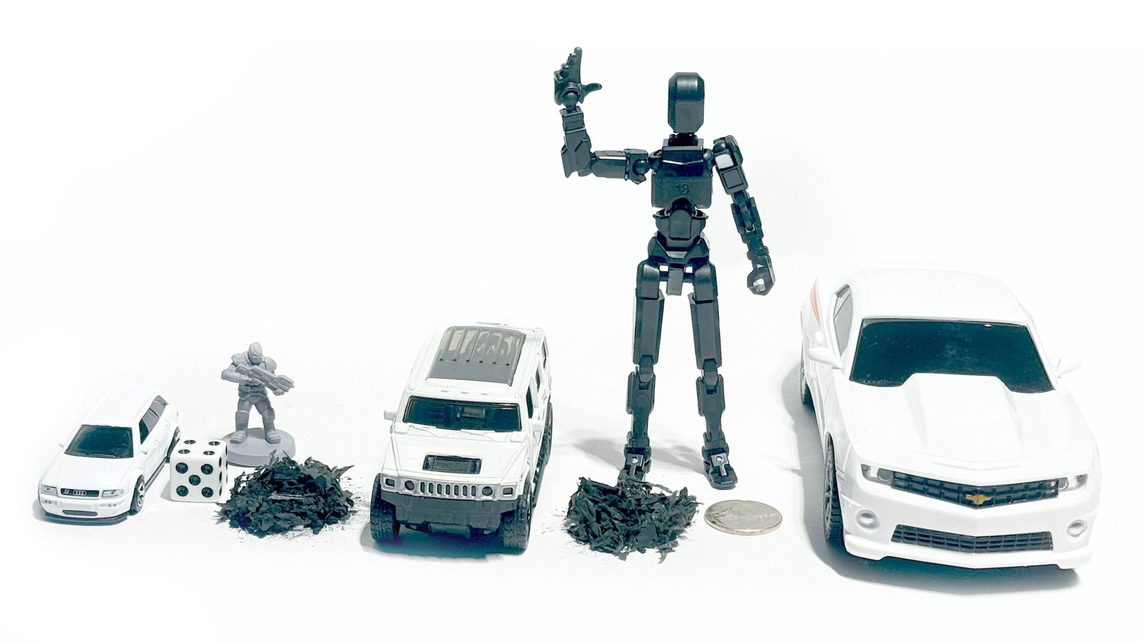 scorch_scale_demo collage of props demonstrating scale of scorch (die cast cars, tabletop gaming figure, 1/12 model figure, US quarter, die)