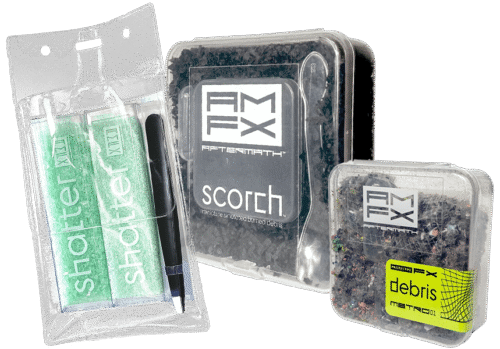 Collage of three AMFX products: Shatter, Scorch, and Debris