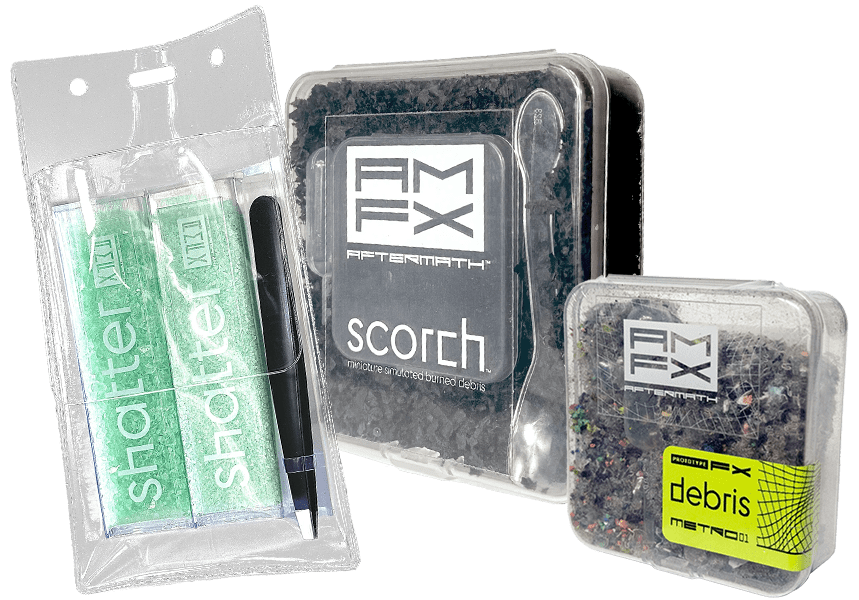 Collage of three AMFX products: Shatter, Scorch, and Debris
